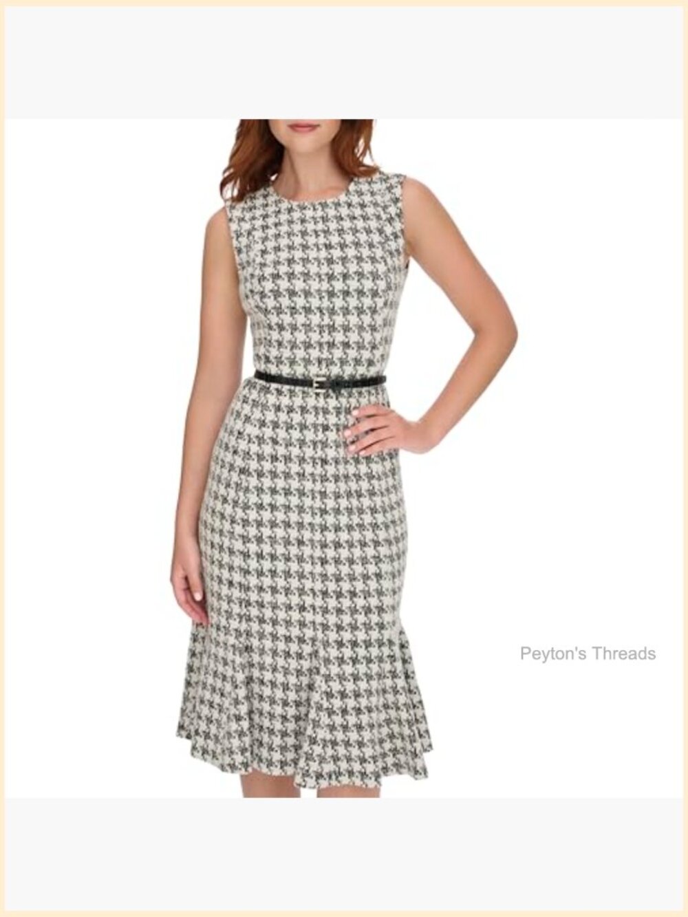 Sleeveless Belted Boucle Knit Fit & Flare Dress with Collared Neck - Picture 2 of 5